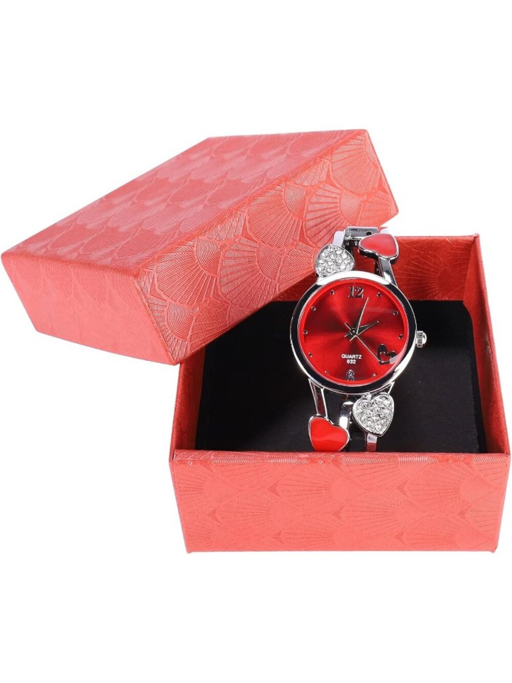 Women's Red Quartz with Rhinestone Round Dial Stainless Steel Band Cuff Watch - Picture 5 of 6